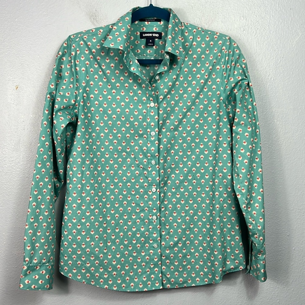 Lands’ End No Iron Supima Cotton Floral Print Button Front Long Sleeve Shirt 4